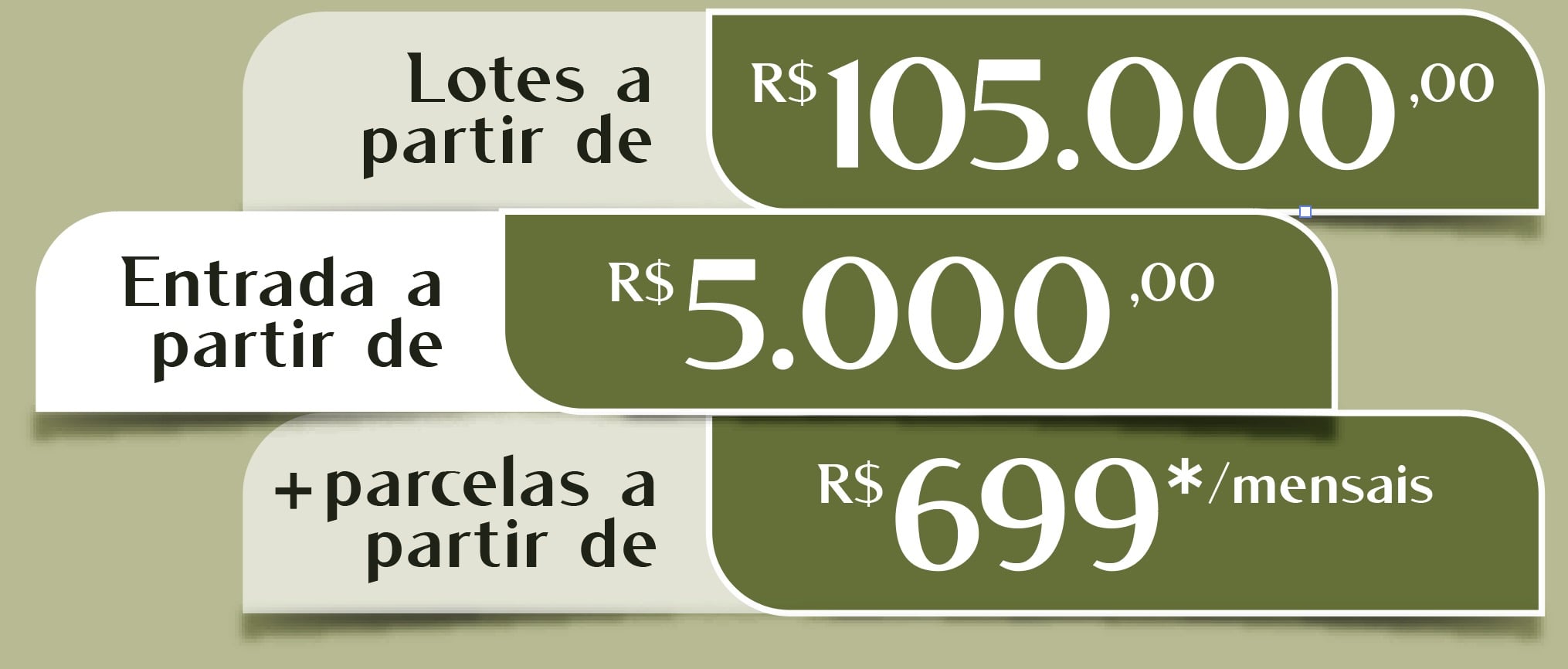 Lotes a partir de R$ 105.000,00. Entrada de R$ 5.000,00. Parcela de R$ 699 mensais.